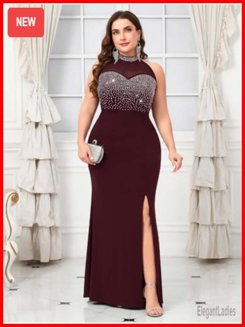 Plus Size Sexy Evening Gown Sparkly Rhinestone Bodice Halter Neck Maxi Dress - Picture 4 of 6